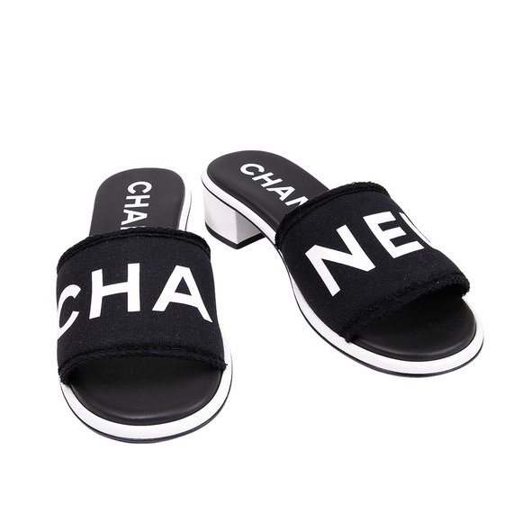 CHANEL Logo Heeled Slide Sandals in Black/White - Picture 1 of 14